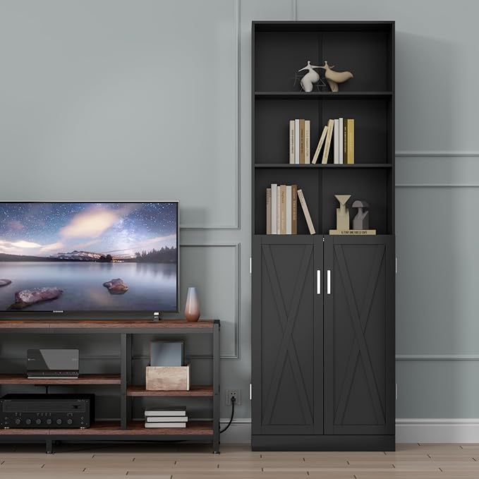 Loomie Industrial Bookshelf with Door, 6 Tier Farmhouse Book Shelf with Adjustable Shelves,70" Tall Display Etagere Bookcase,Floor Standing Unit Book Case Furniture for Home Office,Living Room (Black)
