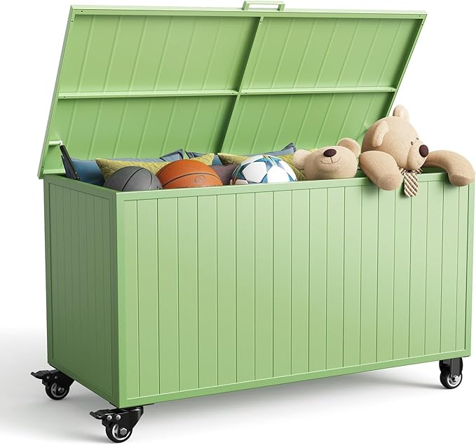 Outdoor Storage Box with Wheels 150 Gallon, Metal Deck Boxes Outdoor Waterproof, Patio Storage Box for Home/Backyard/Pool Chemicals/Toys/Garden Tools/Porch/Patio Cushions (Green)