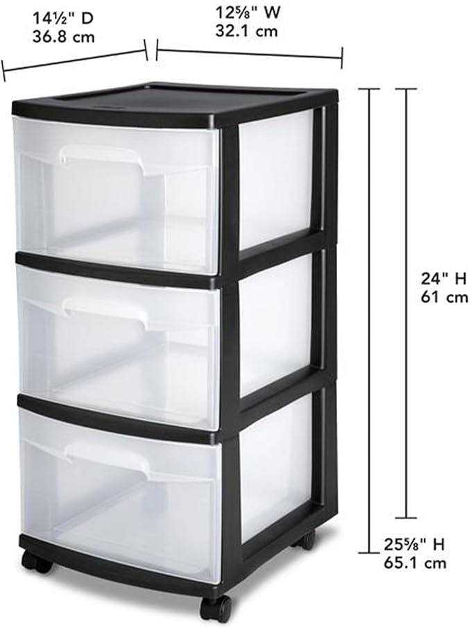 Sterilite 4-Pack 3-Drawer Rolling Plastic Storage Cart, Black Frame and Clear Drawers – Home, Office, or Dorm Portable Organizer with Removable Wheels