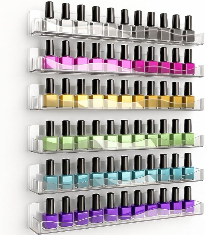 YMVV Clear Acrylic Nail Polish Rack Wall Mounted Shelf,6 Pack Organizer with Unique Wavy Lines,Nail Supplies for Techs,Great Display Salons Retailers