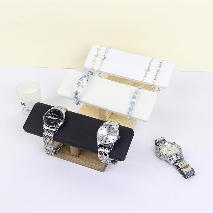 Bracelet Display Tower Jewelry Holder Organizer Rack Wooden Base Watch Display Bangle Scrunchie Headband Headtie Stand Exterior Black PU