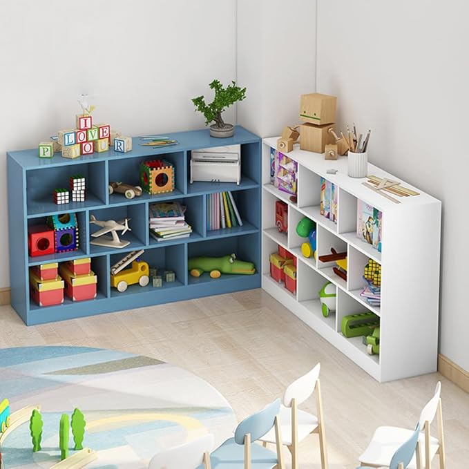 IOTXY Open Shelf Low Bookcase - Wooden 3-Tier Floor Standing Display Cabinet Organizer with Base, 8 Cubes Short Horizontal Bookshelf in Pear Yellow