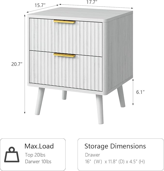 CARPETNAL Fluted Nightstand Set of 2, White Bedside Table with 2 Drawers and Gold Handles, Wood End Table Mid Century Night Stands for Bedroom Living Room