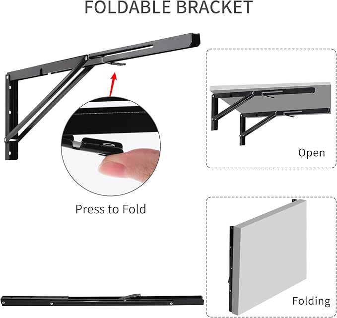 YUMORE Folding Shelf Brackets, 22 Inch Heavy Duty L Bracket, Black DIY Collapsible Shelf Bracket for Workbench Folding Table Hinge, Max Load: 330lb, Pack of 2