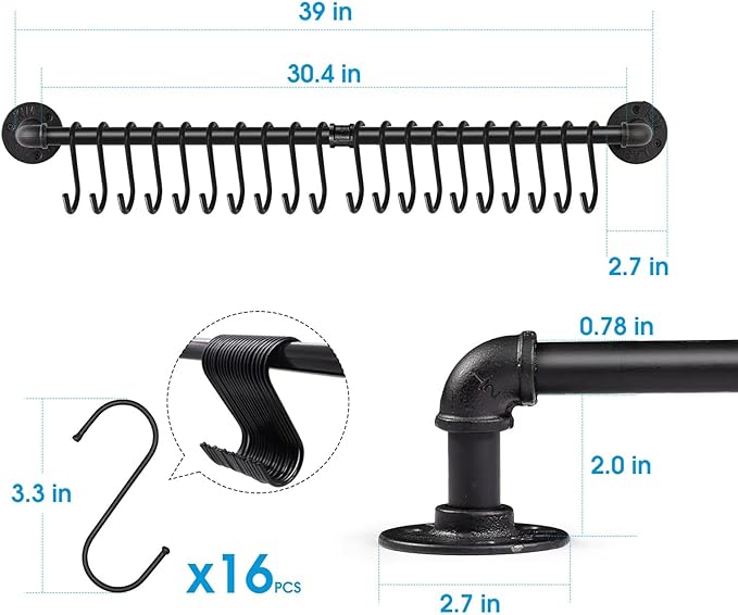 Industrail Pipe Pot Pan Rack, Wall mount Pot hangers Pan Haniging Rail Lid Hnager for kitchen with S Hooks (39"-2 Pack)
