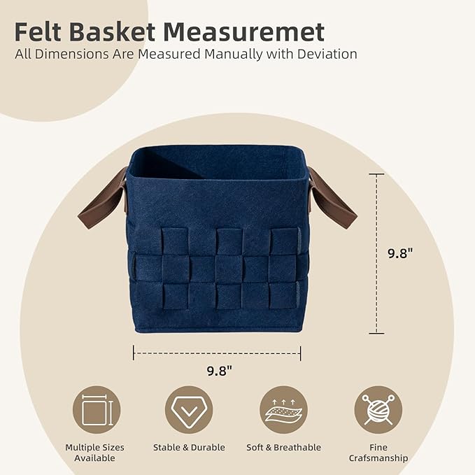 Bold monkey Storage Basket 3 Pack, Medium 10" x10" x10 " Baskets for Shelves with Leather Handle, Cube Felt Fabric Storage Box for Bedroom, Nursery, Living Room -Navy blue