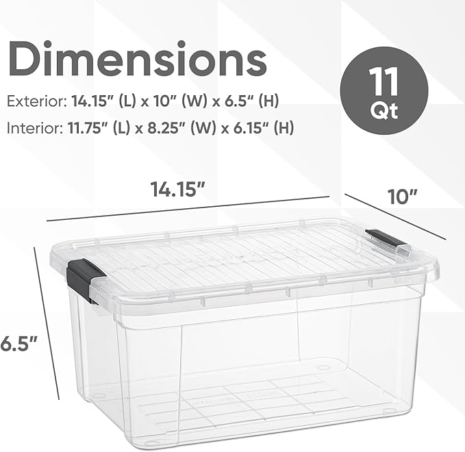 Superio Clear Storage Boxes with Lids, 11 Quart Plastic Container Bins for Organizing, Stackable Crates, BPA Free, Non Toxic, Odor Free, Organizers for Home, Office and Dorm, 6 Pack