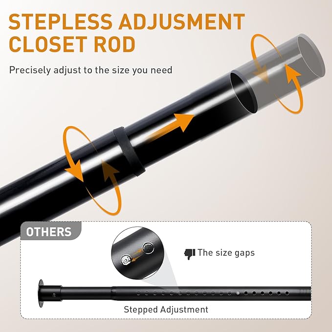 Black Adjustable Closet Rod 18-63 Inches, Heavy Duty Metal Clothes Hanging Rod, Rust-Proof Non-Slip Wardrobe Bar for Closet, Laundry Room, RV