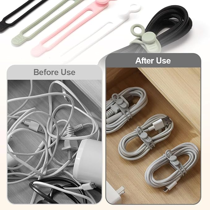 Data Cable Organizer, Silicone Cable Ties Reusable - Elastic Cord Organizer for Electronics, Adjustable Wire Ties for Cable Management,Computer Wires,Phone Charger,Earphone,Home Office (Pink, 20PCS)
