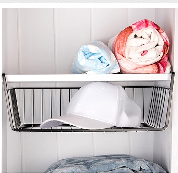 Undershelf Storage Basket Under Shelf Wire Basket Household Metal Under Shelf Hanging Storage Bin Basket Slides Under Shelves for Storage Space Saving for Kitchen Pantry Bookshelf 4 PCS
