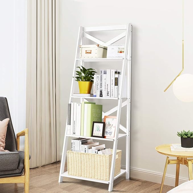 Tangkula 4-Tier Ladder Shelf Bookcase Leaning Free Standing Wooden Frame Decor Bookshelf Storage Flower Shelf Plant Display Shelf for Home Office (White, 2)