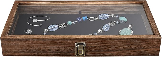 MOOCA 2 Pcs Wooden Jewelry Display Case Tempered Glass Top Lid, Gemstone Display Case, Pocket Knife Case with Metal Clasp & Removable Black Luxurious MDF Velvet Jewelry Pad, Brown Color