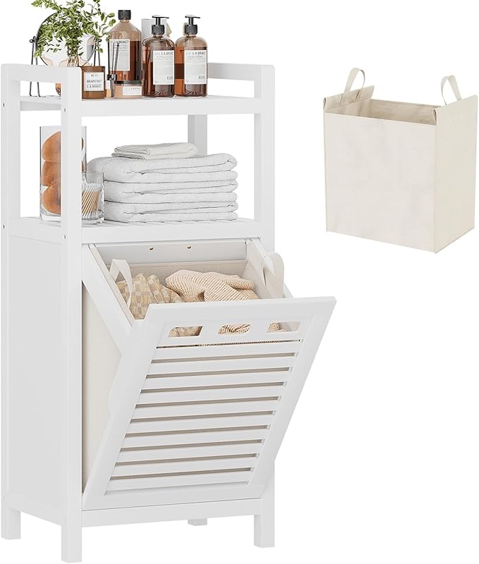 Homykic Tilt Out Laundry Hamper, 10 Gal Bamboo Laundry Storage Cabinet with Removable Basket, Hidden Hamper Organizer with Shelf for Dirty Clothes, Bathroom, Laundry Room, Space Saving, White
