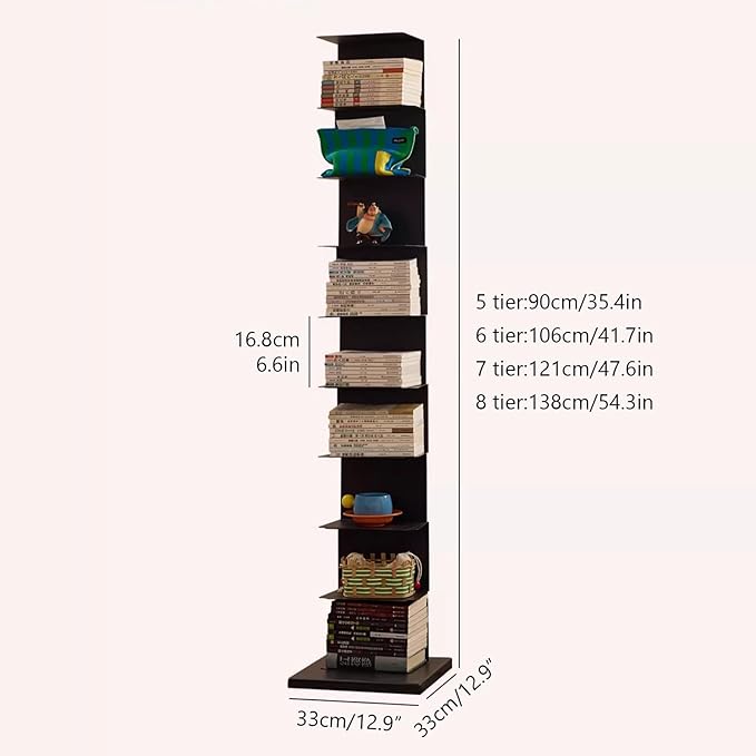 Invisible Vertical Spine Bookshelf Tower,Tall Narrow Metal Bookshelf for Small Space,Corner Floor Standing Book Organizers for Living Room, Office, Entryway(6 Tier, White)