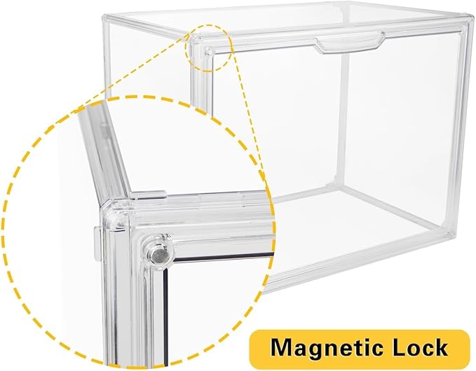 Clear Stackable Plastic Storage Bins with Magnetic Lid, Dustproof Book & Cosmetic Display Cases, Large Figures Collectibles Showcase, Shoe Box, Protection Organizer (Clear-L-3 Pack)