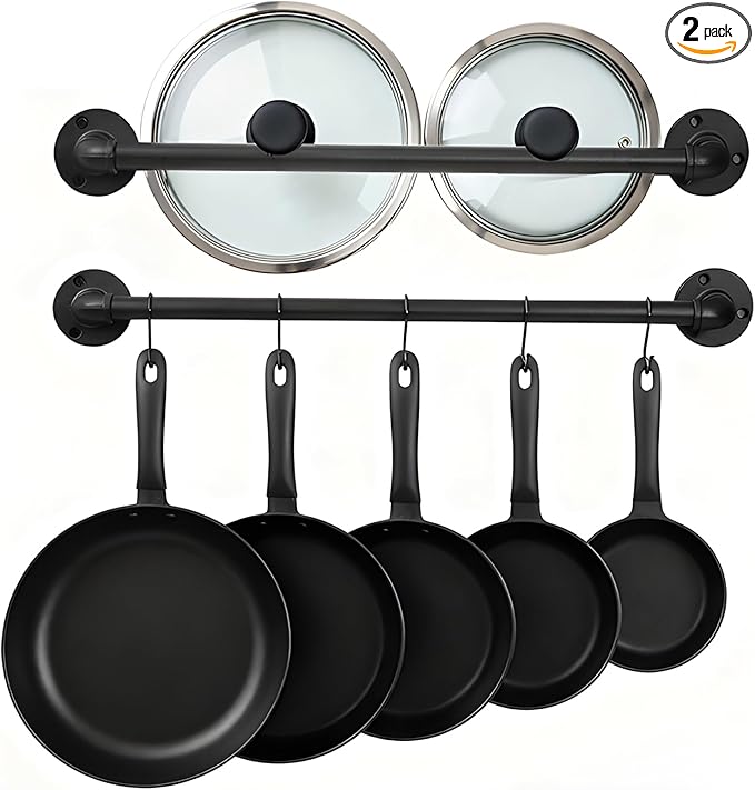Pan Pot Lid Organizer Set of 2 Wall Mounted Industrial Pipe Kitchen Hanger Rack For Pan Pot Lid Utensils Mugs Kitchen Storage Hanging Bar With 10 Hooks