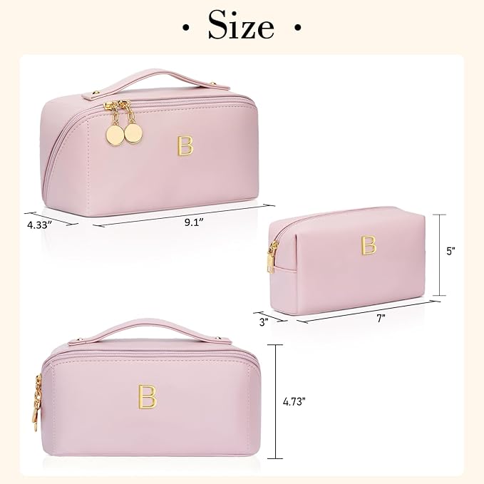 Birthday Gifts for Women Teen Girl, Personalized Initial Makeup Organizer Bag Set, Open Flat Travel Cosmetic Bag With Clear Divider and Handle(Pink,B)