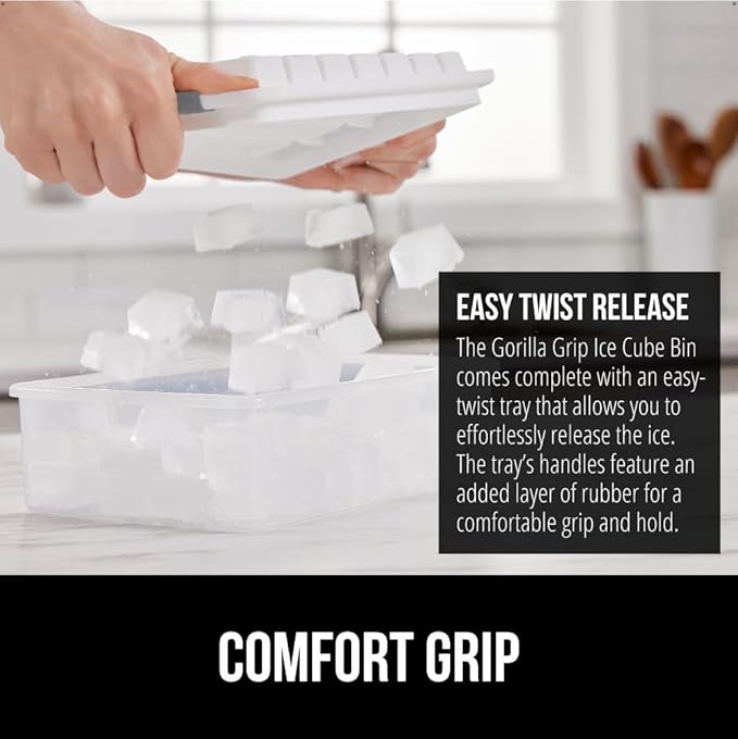 GORILLA GRIP BPA-Free Easy Release Ice Cube Tray for Freezer, Make Lots of Ice, 56 Cubes Total, Kit Includes 2 Stackable Leakproof Trays with Lid and Soft Handle Grips, Scooper, Bin, For Coffee, Gray