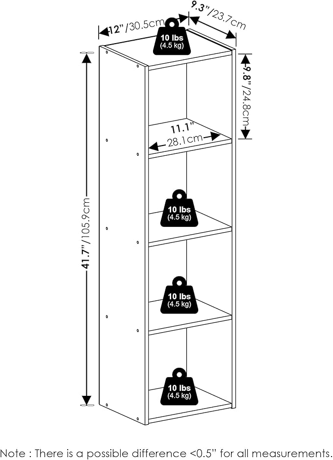 Furinno PASIR Book Shelf, 4-Tier Modern Bookshelf, Open Shelves Bookcase 9 x 12 x 42, for Living Room, Bedroom, Home Office, French Oak