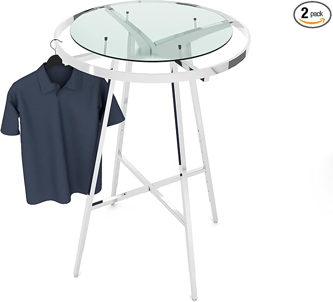 Econoco Folding Round Garment Rack, Adjustable Height Retail Display, Chrome Finish (36" Rack with Glass Shelf Topper)