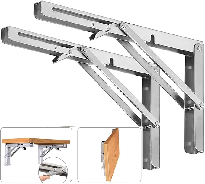 Folding Shelf Brackets, Max Load 300 lb, Heavy Duty Stainless Steel Collapsible Wall Mounted Shelf Brackets for Table, Space Saving DIY Bracket, Pack of 2 (2, 14 Inch)