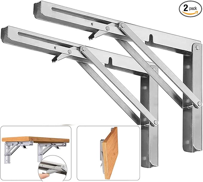 Folding Shelf Brackets, Max Load 300 lb, Heavy Duty Stainless Steel Collapsible Wall Mounted Shelf Brackets for Table, Space Saving DIY Bracket, Pack of 2 (2, 14 Inch)