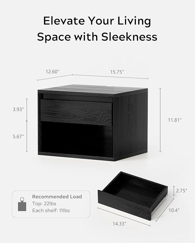 Floating Nightstand Set of 3, Wall Mounted Bedside Table with Storage Drawer and Open Shelf, Modern Night Stand with Handless Design for Living Room, Bedroom, Dorm, Black
