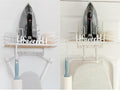 Farmhouse Ironing Board Hanger Wall Mount or Over the Door - Universal Laundry Room Ironing Board Holder Caddy with Iron Holder Shelf - Adjustable Hooks to Hold Ironing Boards Large & Small - White