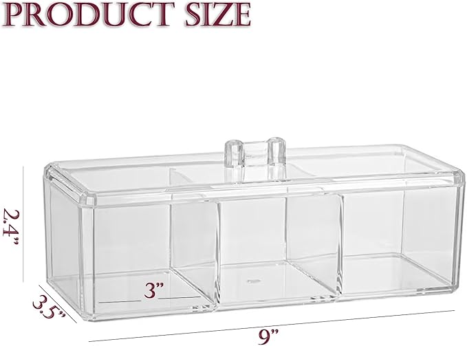 Hair Accessories Organizer for Girls, Clear Acrylic Hair Tie Organizer for Headband, bows, Hair Clip, Cotton Swab Organization, Hair Clip Holder, 3 Compartments Storage with Lid