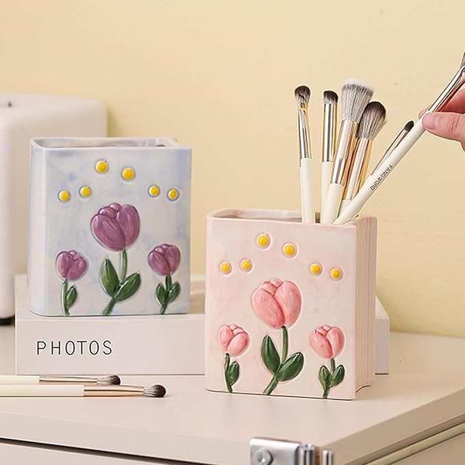 Book Vase Flower Pencil Cup Pen Holder For Office Desk Decorative Books Purple Flower Vase Cute Toothbrush Holders Home Decor Teacher Book Gifts for Women Small Makeup Brushes Holder