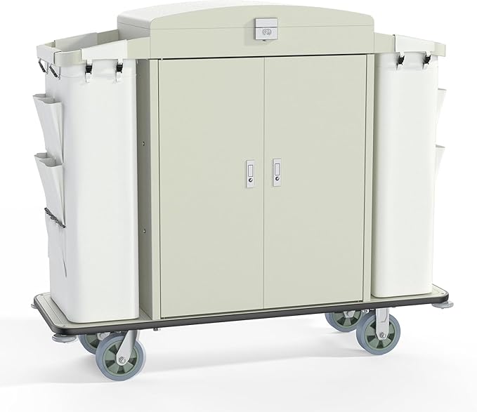 Heavy Duty Metal Housekeeping Janitorial Cart with Wheels,Silent Casters,Locking Large Capacity Cabinets,Cleaning cart for Housekeeping/Commercial Facility/Hotel/Stadium/School