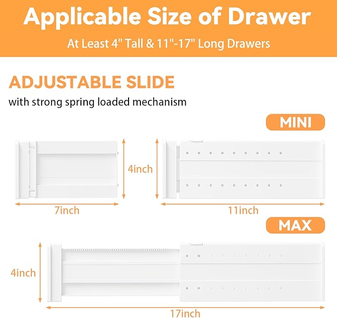REBECAT 10 Pack Drawer Dividers for Clothes Adjustable Drawer Dividers 4" High Expandable from 11"-17" for Dresser Baby Clothes Bathroom Bedroom Kitchen and Office Storage，White