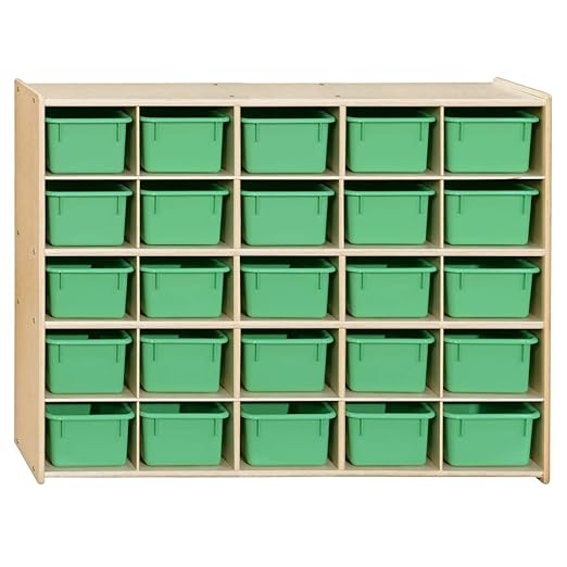 Contender Birch 25 Cubby Tray Cabinet with Lime Green Color Bins, Storage Organizer for Toddlers, Shelving Units for Daycare, Nursery, Homeschool [ Fully Assembled ]