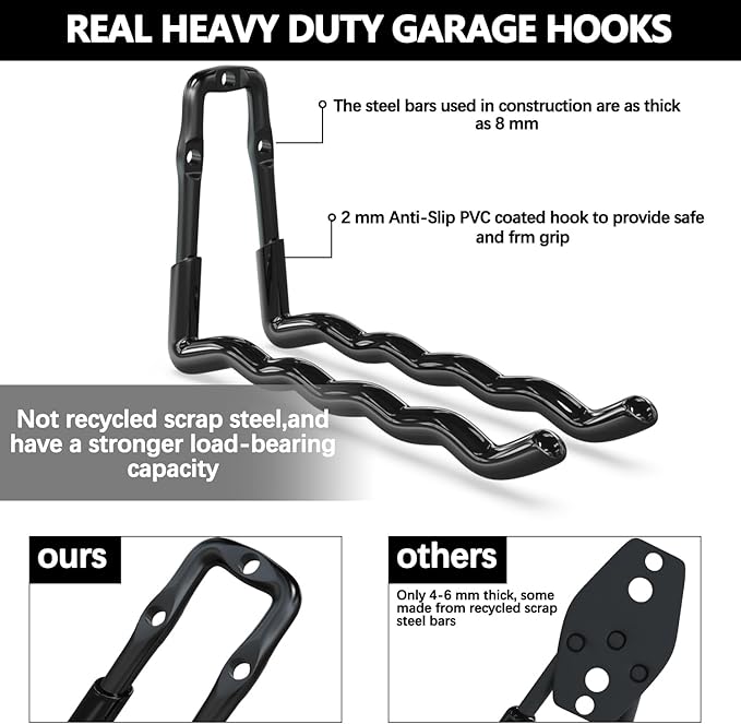 3-H Garage Wall Hooks 18 Pack, One-Piece Construction Garage Hooks Heavy Duty, Garage Accessories & Organizer Wall Mount for Ladders, Weedeaters, Garden Tools (Black)