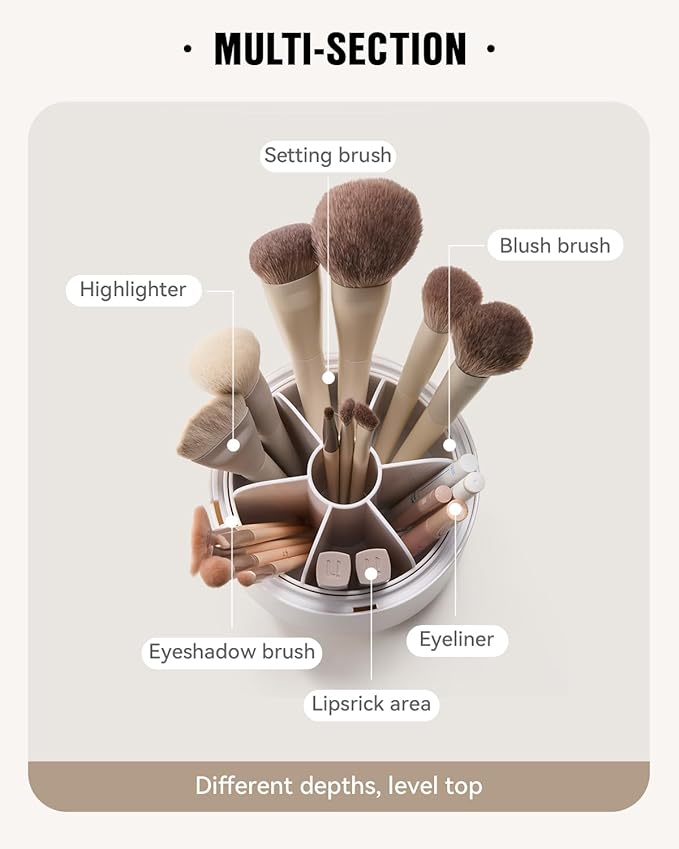 EACHY Makeup Brush Holder 360° Rotating with Dustproof Lid, Waterproof Material, 7 Compartments for Organized Storage, Stylish and Durable Design for Vanity (Beige)