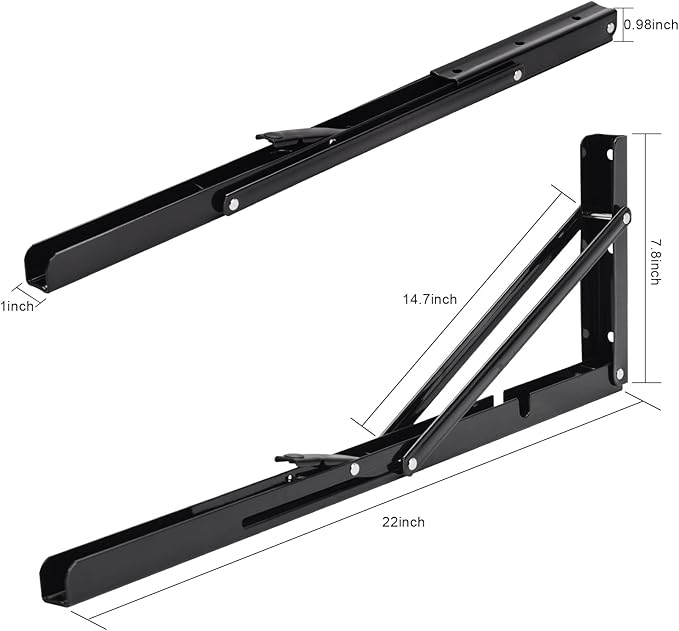 YUMORE Folding Shelf Brackets, 22 Inch Heavy Duty L Bracket, Black DIY Collapsible Shelf Bracket for Workbench Folding Table Hinge, Max Load: 330lb, Pack of 2