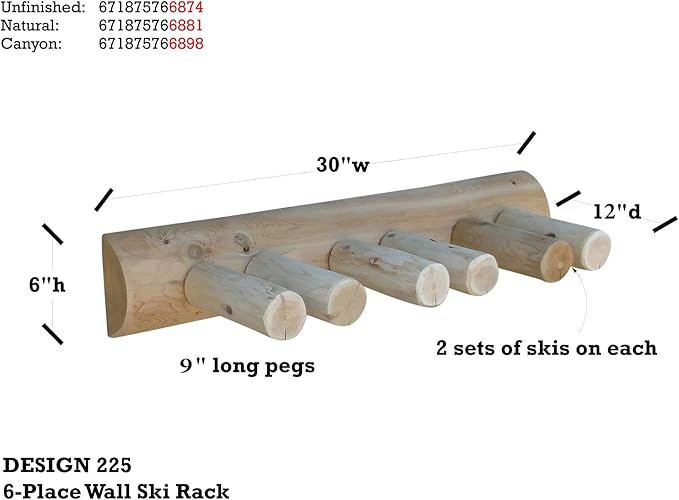 6-Place Log Ski Rack Wall Mount, Indoor Ski Storage Rack for Garage Organizers, Wooden Skis Wall Mount Storage Racks, Pole Skis Sports Racks, Garage Organization Walls - Canyon Brown