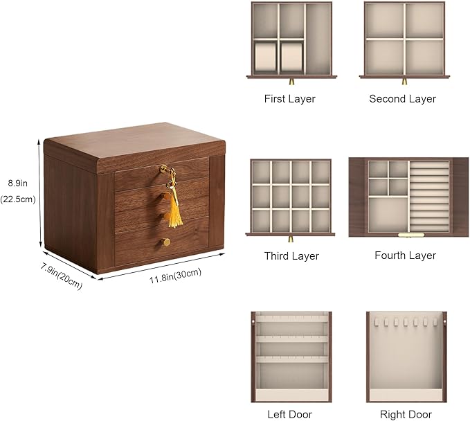 Black Walnut Wooden Jewelry Box, Wood Jewelry Organizer with 2 Side Doors Mirror Lockable Classical Style for Watch Necklace Ring Earring Storage Christmas Gifts-4 Layer