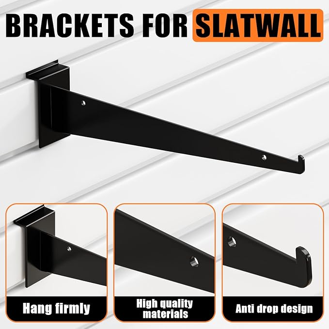 8" Black Slat Wall Shelf Brackets,10 PCS Slat Wall Brackets with Lip, Floating Metal Slat Wall Accessories
