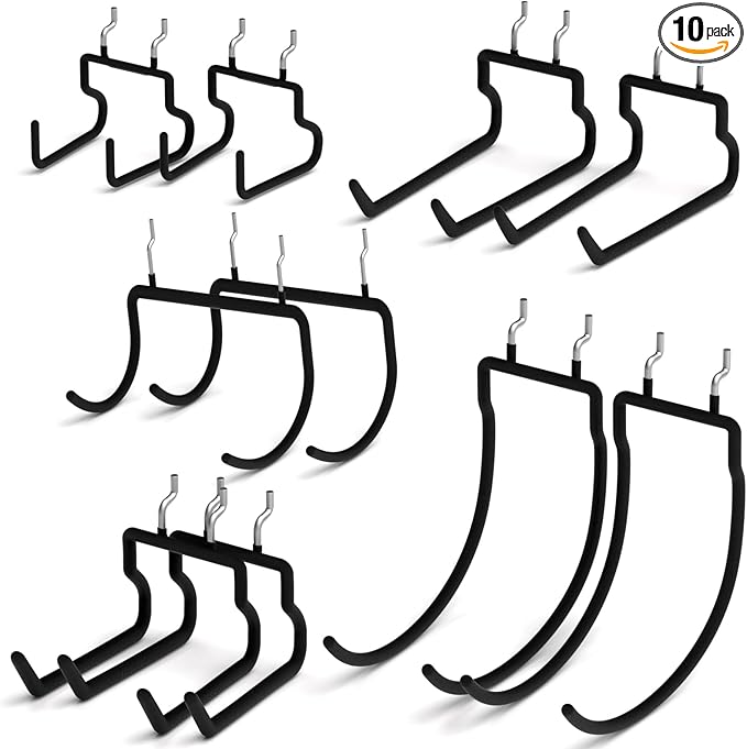 INCLY 10 Pack Heavy Duty Pegboard Hooks, 1/4" Pegboard Drill Holder Tool Utility Hooks, Peg Board Tool Hangers Accessories for Hanging Power Tools, Drill, Hammer, Workbench, Garage