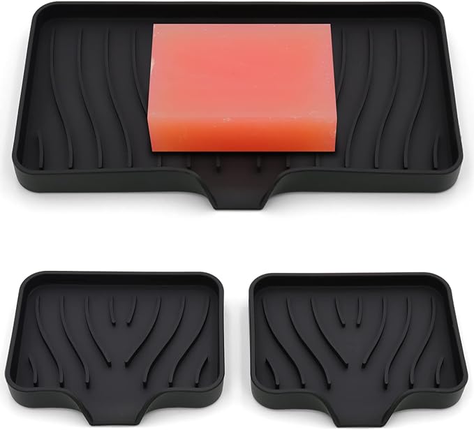 3-Pack Silicone Soap Dish, Sponge Holder for Sink, Kitchen Soap Tray, Bathroom Soap Holder, Sponge Tray with Drain (Black)