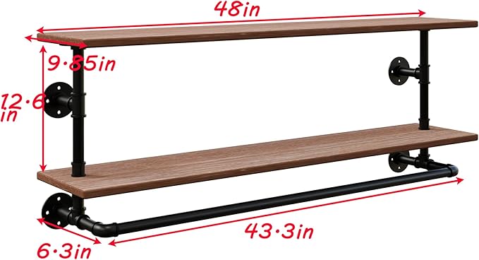 Clothes Rack 36/42/48in, Wall Mounted Garment Rack with Real Wood Shelf, Heavy Duty Hanging Clothes Rack, Multi-Purpose Hanging Rod, Space-Saving Closet Storage (1T36IN) (2T48IN)
