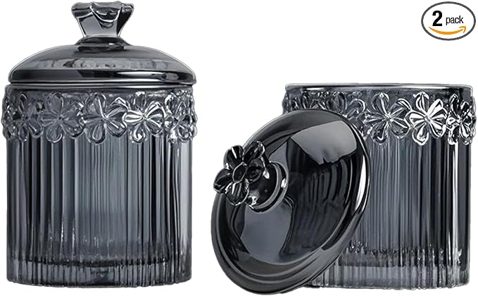 Qtip Cotton Ball Hair Ties Candy Holder Makeup Storage Bathroom Accessories Organizer Thick Glass Apothecary Jars with Lid, 2pcs (Grey)