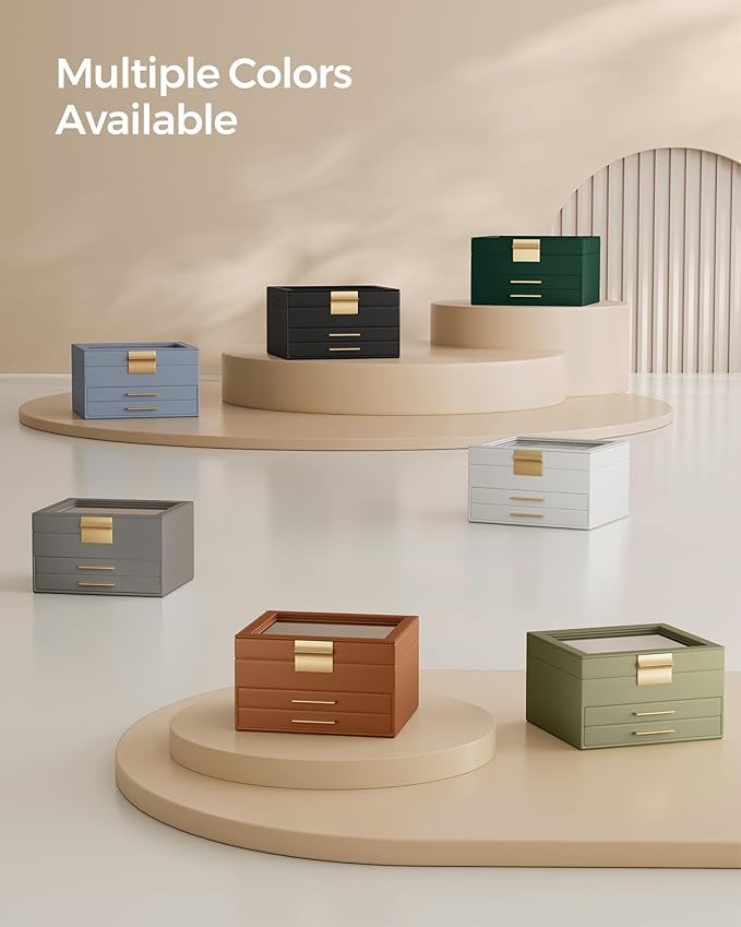 SONGMICS Jewelry Box Organizer with Glass Lid, 3-Layer Jewelry Storage, with 2 Drawers, Modern Style, Christmas Gift, 8 x 9.1 x 5.3 Inches, Cloud White and Gold Color UJBC239WT