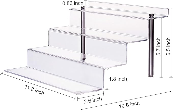 Acrylic Riser Shelf 4 Tier Clear Display Stand for Collectibles Pop Figures, Cupcakes, Perfumes, Display Risers for Decorating & Organizing - 11.8 x 10.8 x 6.5 in (Large, 4 Pack)