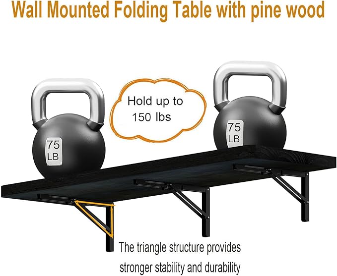 IAE Wall Mounted Folding Table with Pine Wood,48" x 16" Floating Wall Desk,Laundry Folding Table with Shelf Brackets,Fold Down Desk Shelf,Folding Workbench for Home,Dining,Laundry Room,Kitchen
