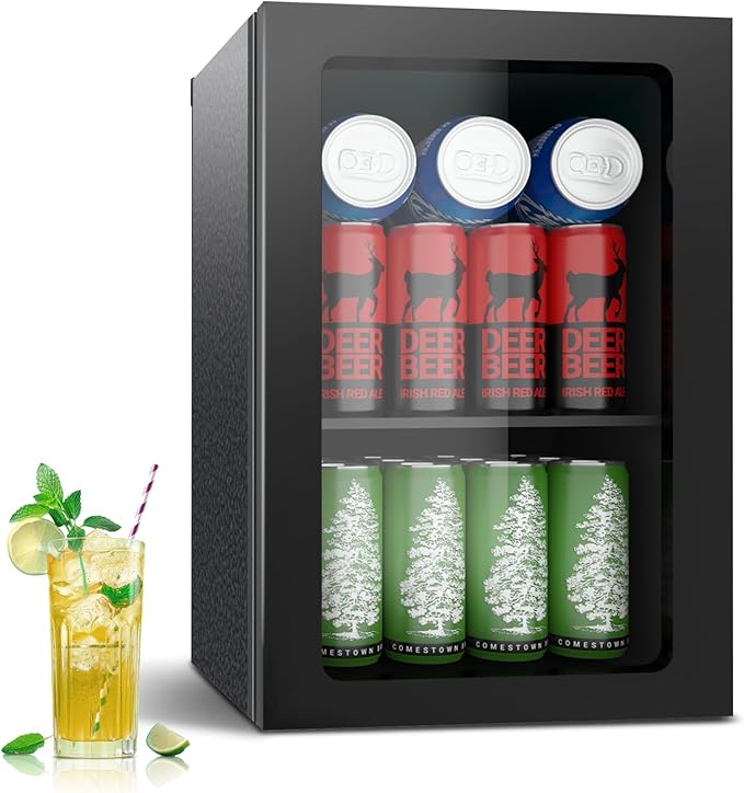 Stopasd Beverage Refrigerator Cooler, 0.9 Cu.Ft/24 Can Drink Fridge with Adjustable Shelves & Clear Door for Soda Wine Beer, Countertop Mini Fridge, Compact Design for Home/Office/Bar (40-61 ℉), Black