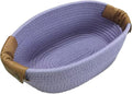 Medium Cotton Woven Basket with PU Leather Handle, Baby Clothes Toys Candy Gifts Cotton Rope Organizer, Living Room Basket Bathroom Shower Storage Laundry Basket, Dog Cat Bed, Cute Decor, Purple