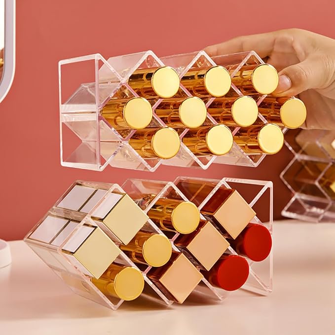 Luxshiny 2Pcs Clear Acrylic Lipstick Organizer with Compartments Dustproof Makeup Display Holder for Lip Gloss Liquid Solid Lipstick Storage Bedroom Supply Vanity Organizer
