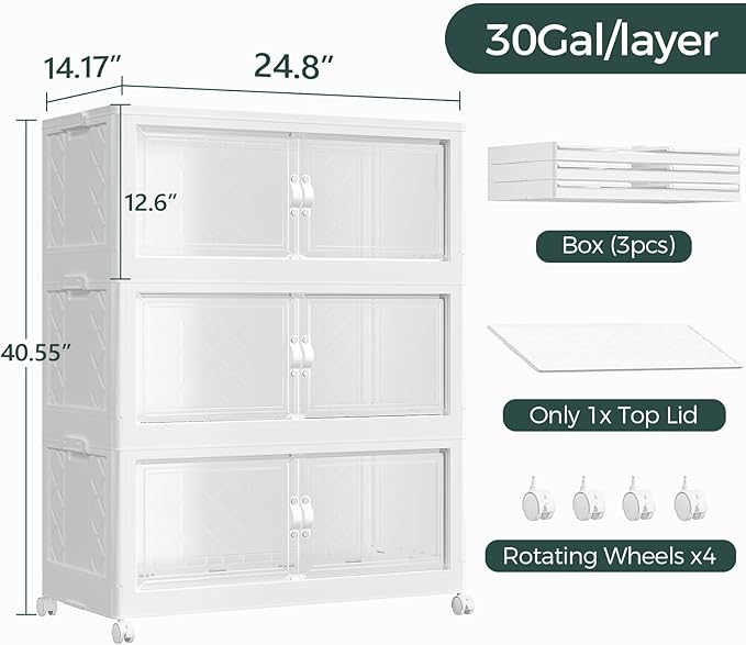 360QT Extra Large Stackable Storage Bins with Lid, 90Gal Collapsible Closet Organizer Box with Wheels, Folding Plastic Storage Cabinet with Doors for Home Kitchen Office Dorm, 3Pack White